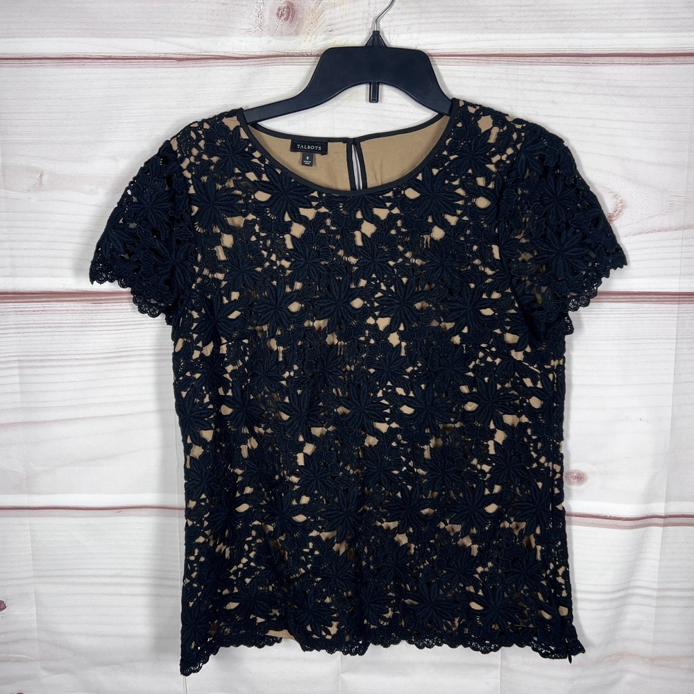 Talbots Lace Top Womens 8 Black Floral Short Sleeve Lined Round Neck Office Zip